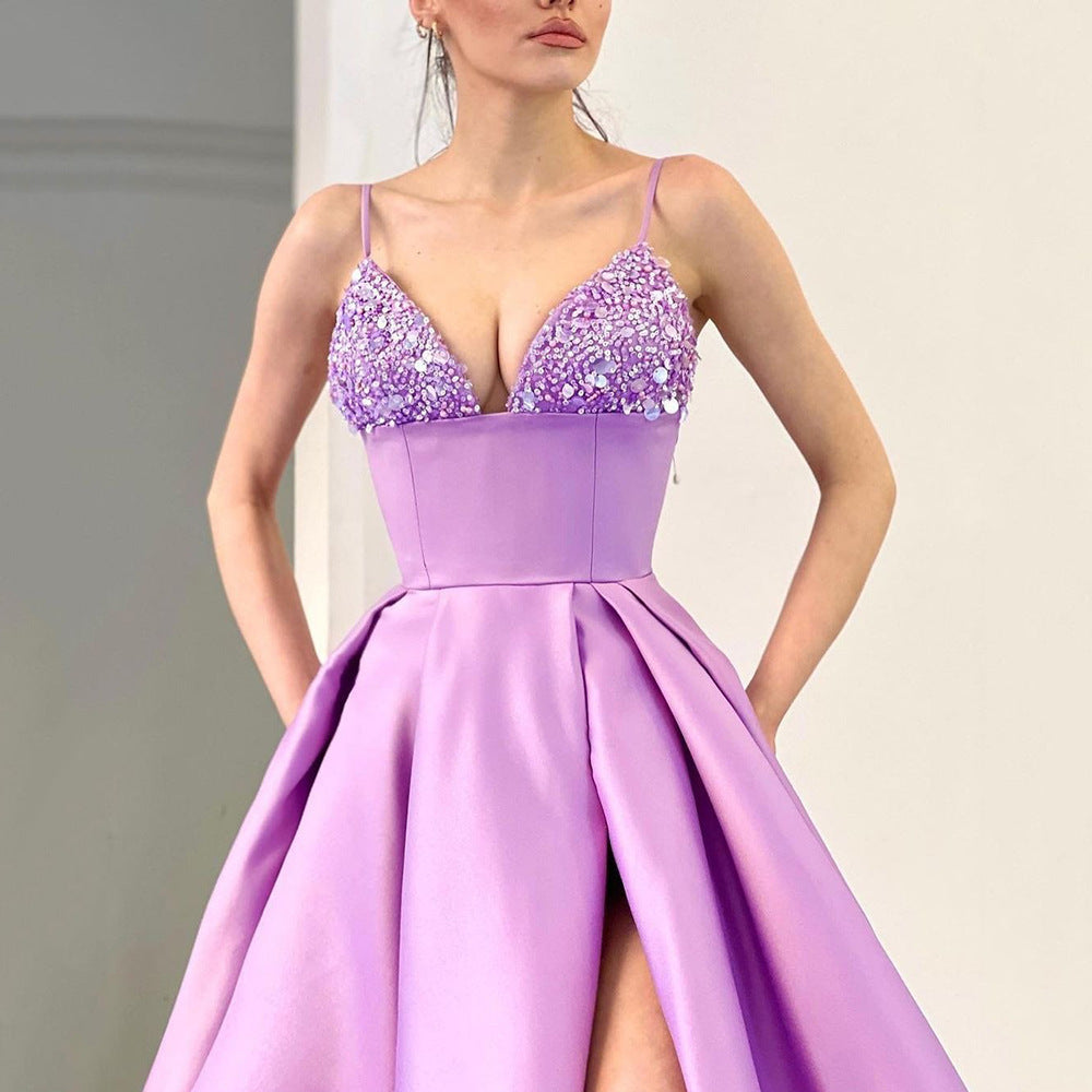 European And American Women's Clothing Dress Deep V Sequined Sexy Slit