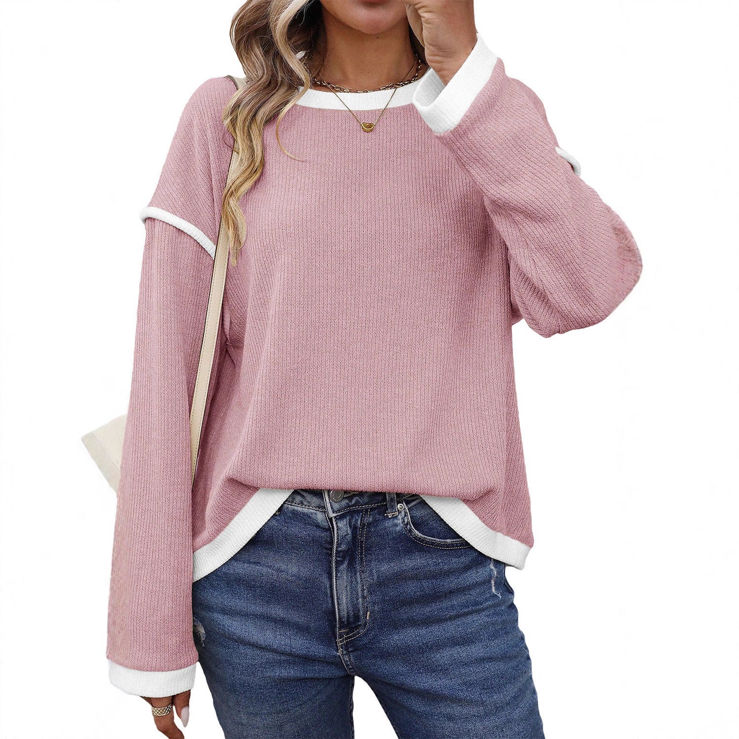 Solid Color Stitching Long-sleeved Shirt Women