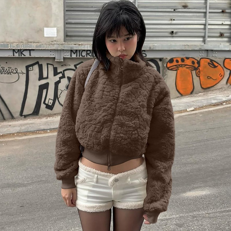 Casual Cardigan Zipper Plush High Collar Warm Coat