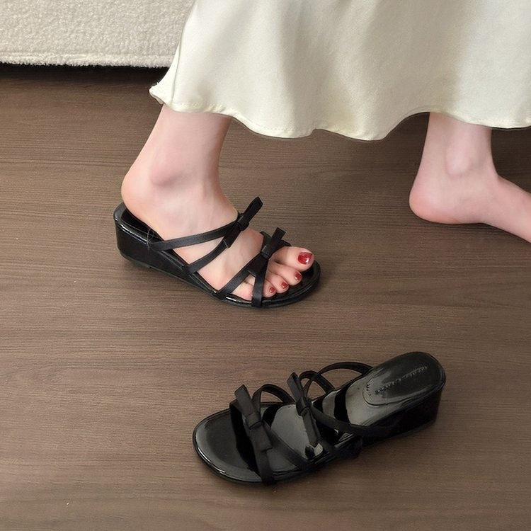 Wedge Heel Gentle French Bow Slide Sandals, 2026 Summer New Elegant Mule Slippers Purple Dress Matching Casual Summer Slides