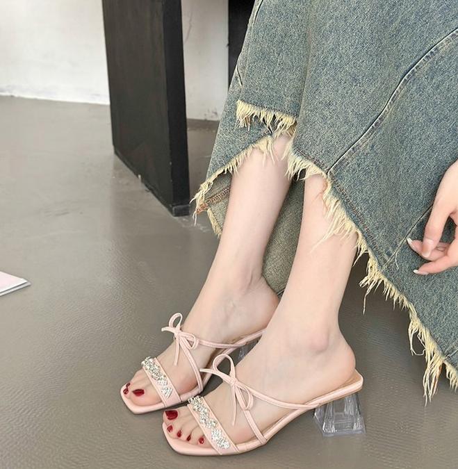 Square Bow Water Diamond Sandals With Exquisite Fairy Style French Temperament, Cool Slippers