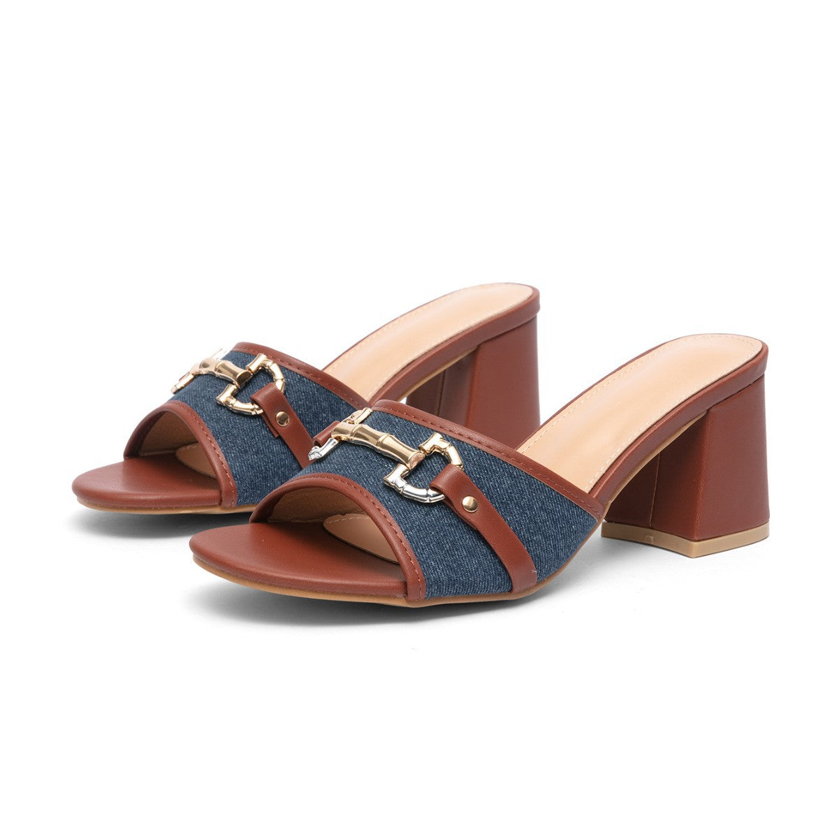 New Style Chunky-heeled Square-toe Slip-on Fashionable European And American-style Sandals