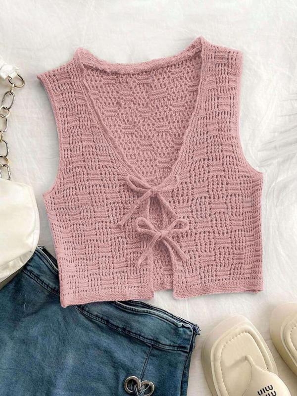 Women's Solid Color Tie Front Sweater Vest Casual Crochet