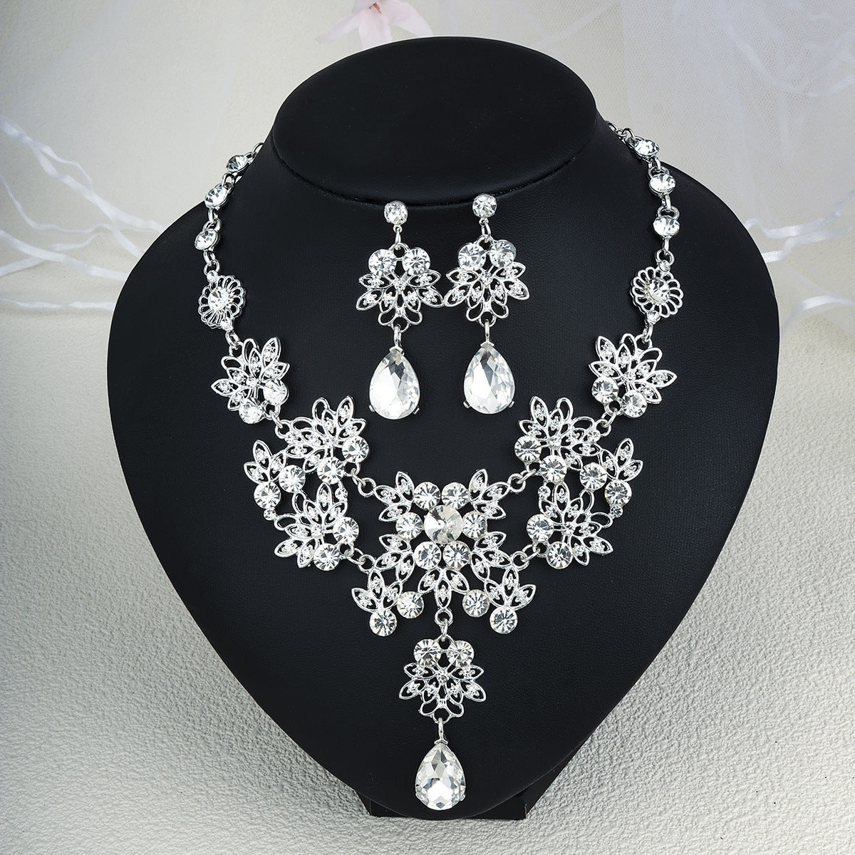 Rhinestone Pearl Earrings & Necklace Set for Women