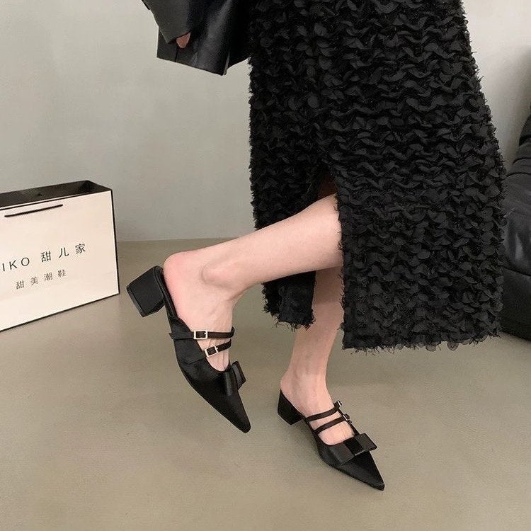 French Elegant Closed Toe Mule Slippers Outdoor Wear, 2026 Summer New Fairy Style Bow Block Heel Loafers Women Shoes