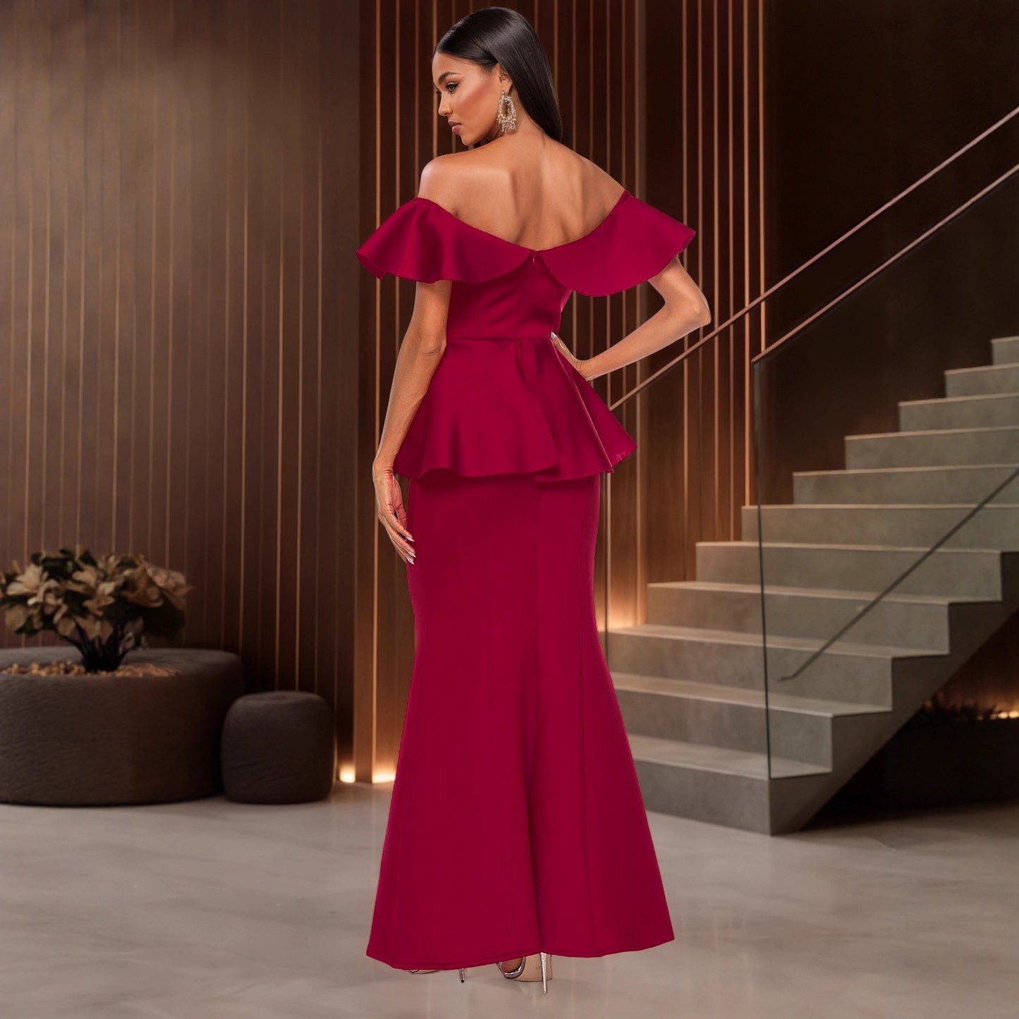 Strapless Ruffled Off-the-shoulder Dress Fishtail Dress
