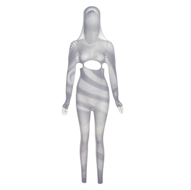 New Sexy Lace Hollow Out See-through Hooded High Waist Tight Knitted