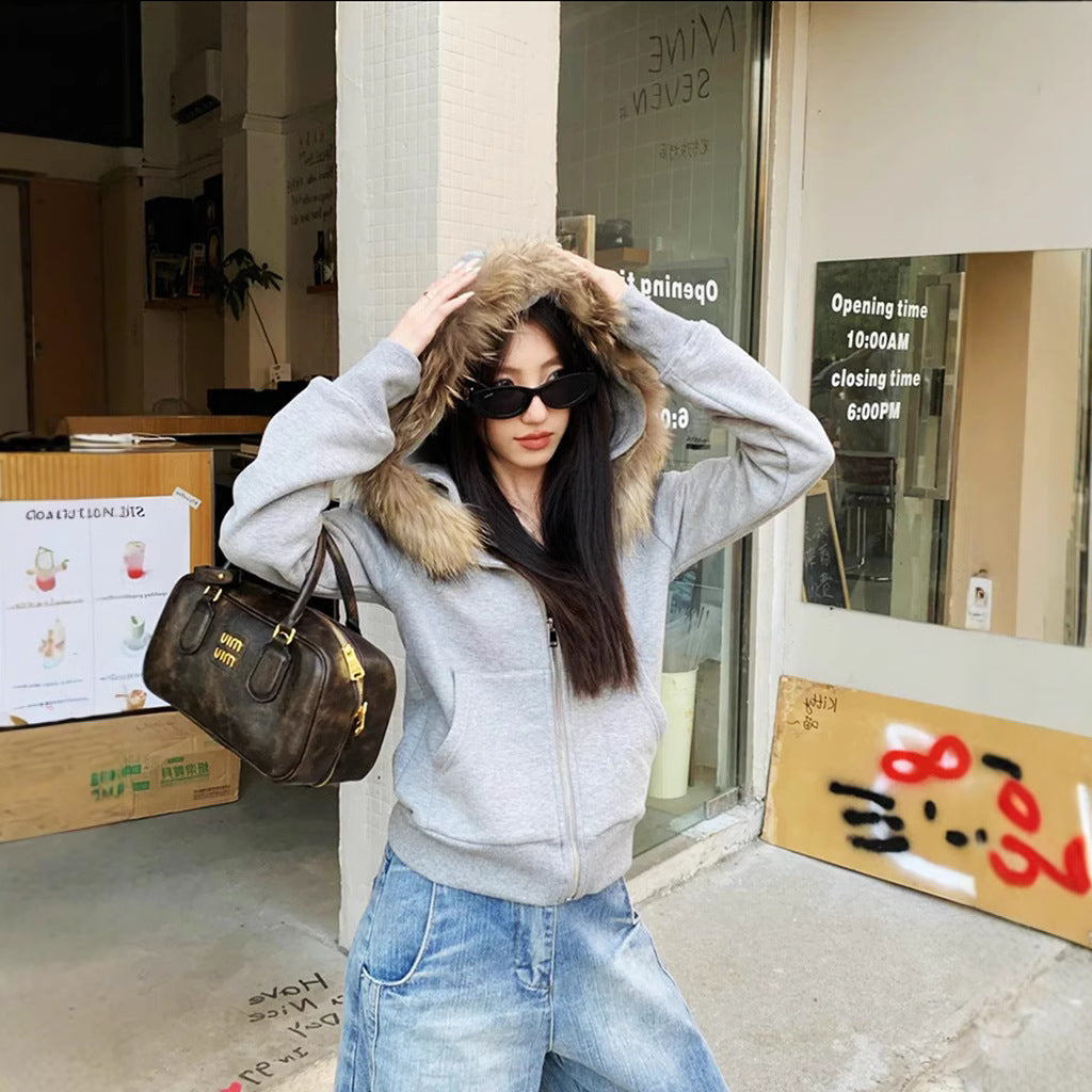 Vintage Gray Fleece Lined Warm Hooded Cardigan Top