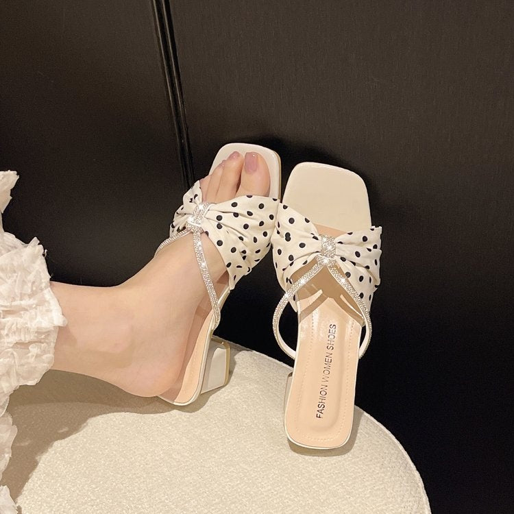 New Square Toe Polka Dot Rhinestone Bow One Strap Block Heel Mules Women Outdoor Elegant Sandals