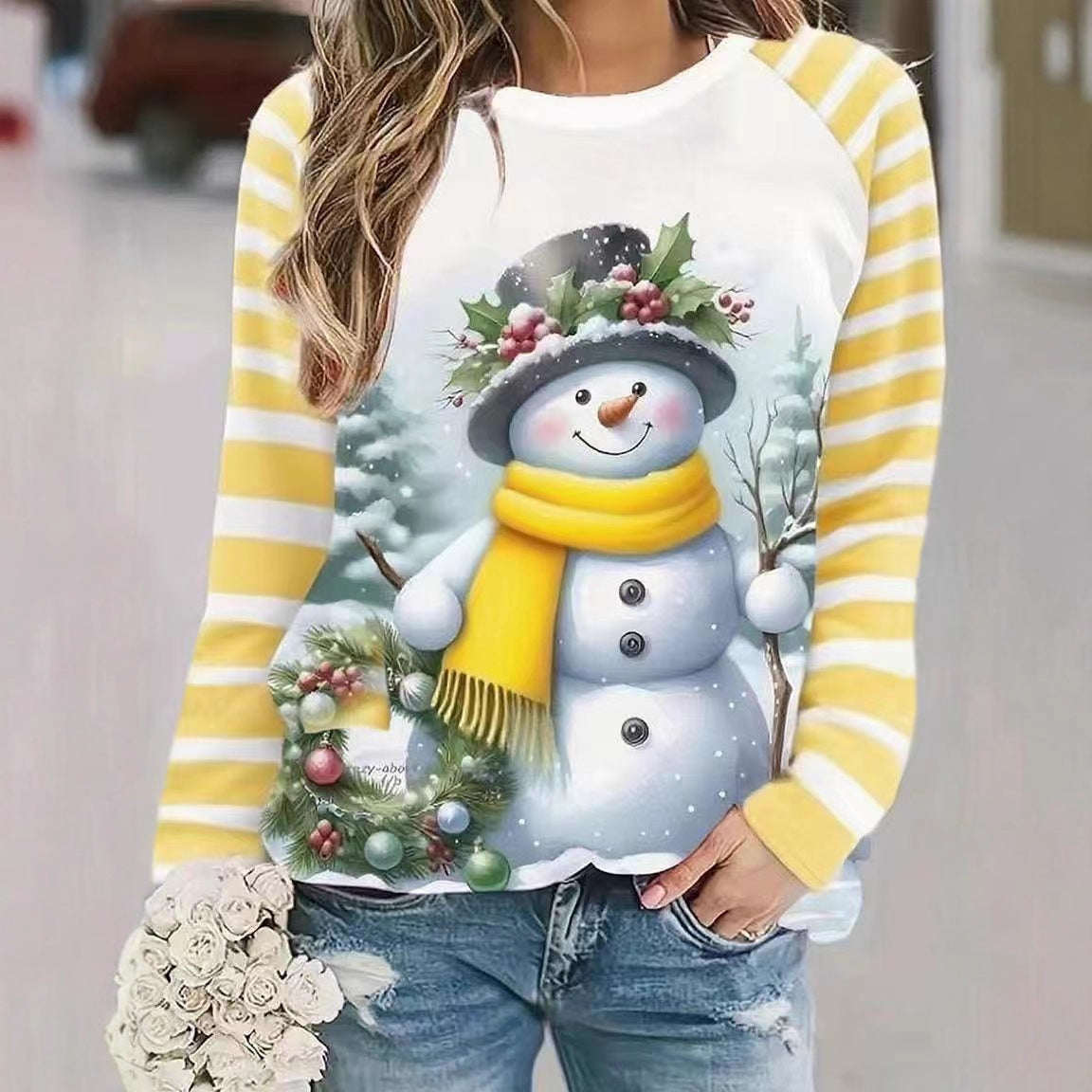 Large Size Women's Snowman Pattern Long Sleeve