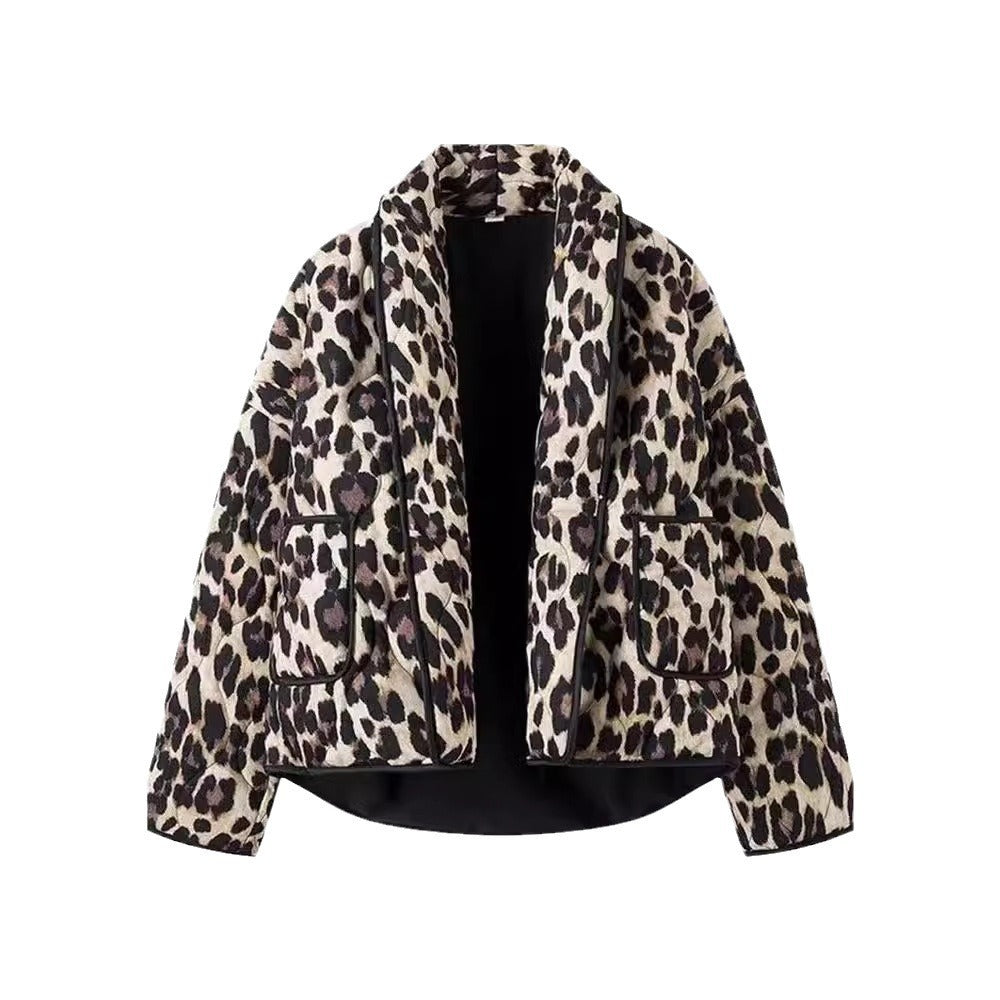 Vintage Leopard Print Printed Women's Lapel Pocket Loose And Warm Coat