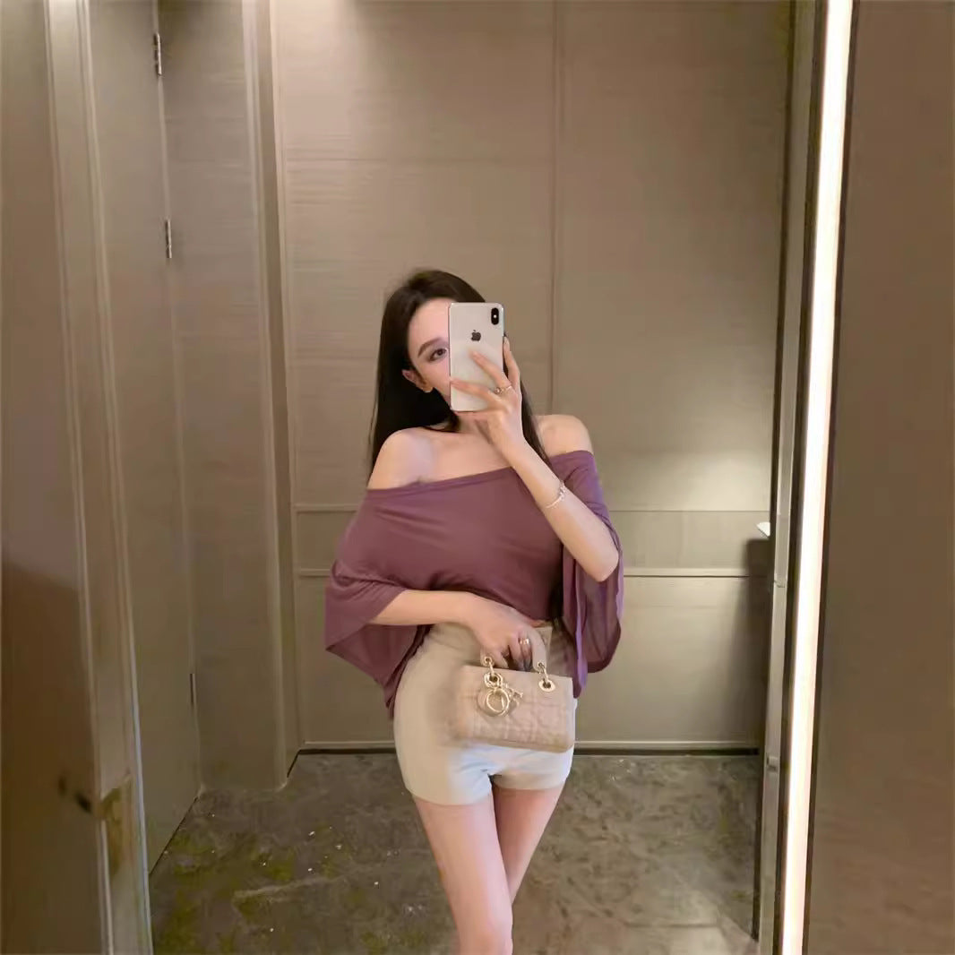 Off-neck Blue T-shirt Women's Summer Tight Waist Slimming And Shoulder Hollow Top