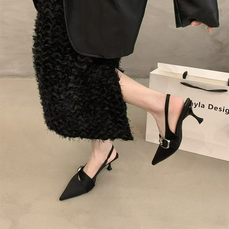French Elegant Closed Toe Sandals, Summer Outdoor New Arrival, Minimalist Luxury Square Buckle Pointed Toe Slip On Shoes For Commute