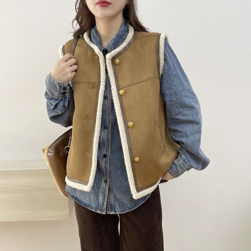 Retro Crew Neck Short Leather And Fur Vest