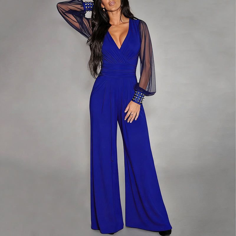 Women's Elegant V Neck Mesh Long Sleeve Loose Wide Leg Romper Party Jumpsuits With Rivet Cuffs