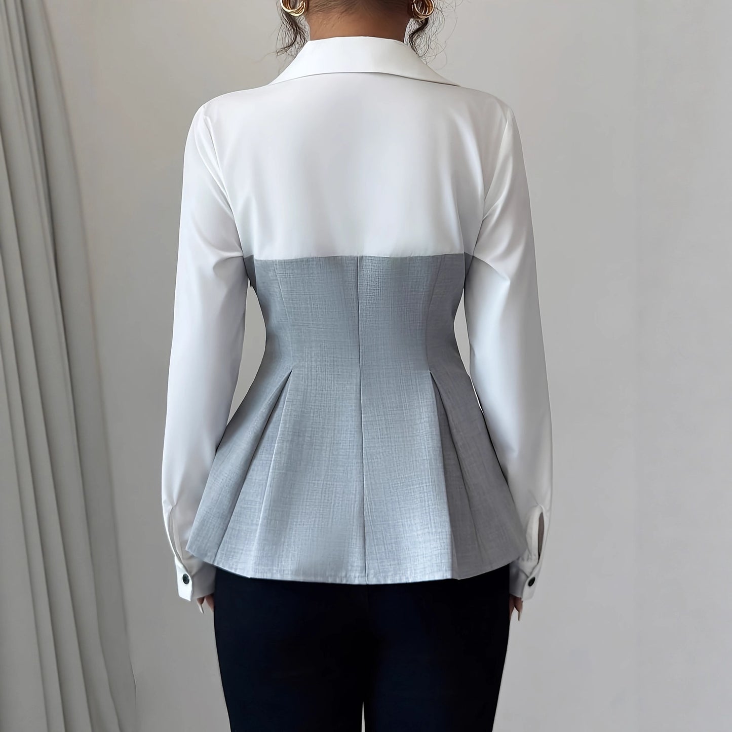 Women's Long-sleeved Contrast Color Double Breasted Fitted Waist Shirt