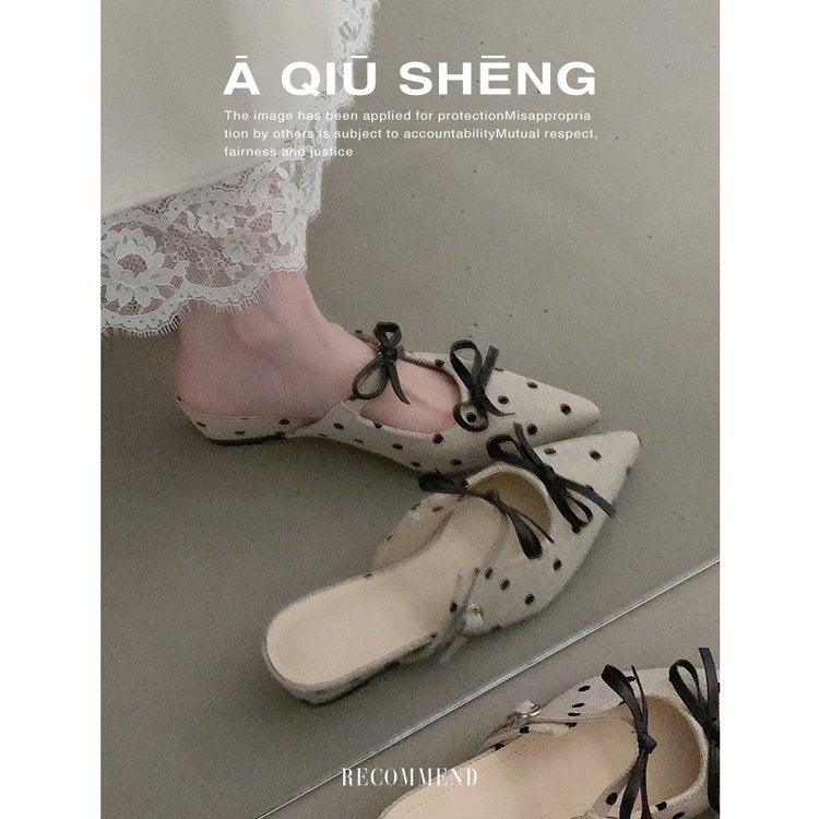 Women's Closed Toe Mules, Sweet Pointed Toe Bow Polka Dot Wedge Slippers 2026 New Elegant Casual Shoes