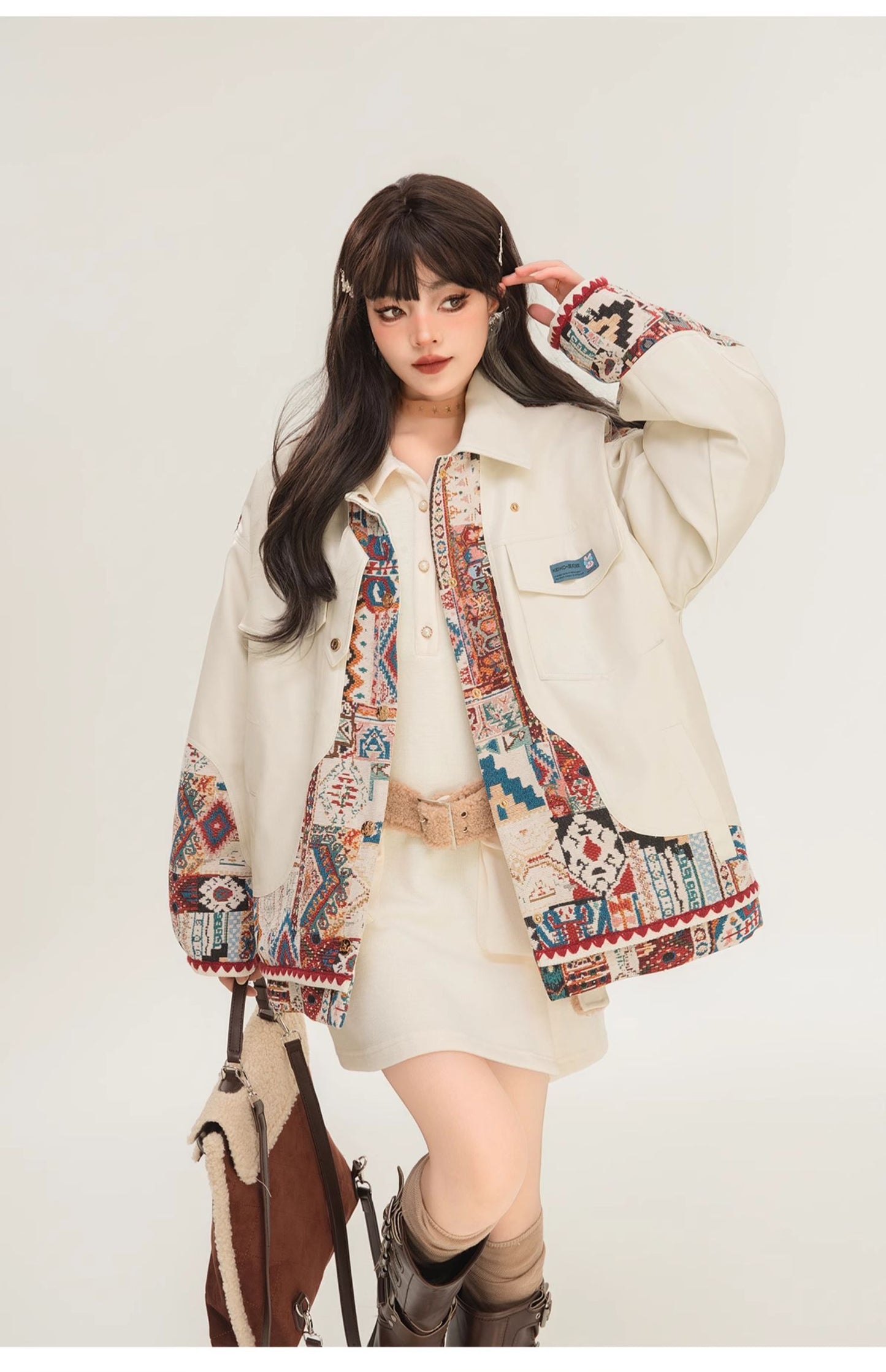 Jacquard Splicing Motorcycle PU Leather Jacket