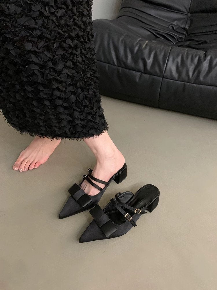 French Elegant Closed Toe Mule Slippers Outdoor Wear, 2026 Summer New Fairy Style Bow Block Heel Loafers Women Shoes