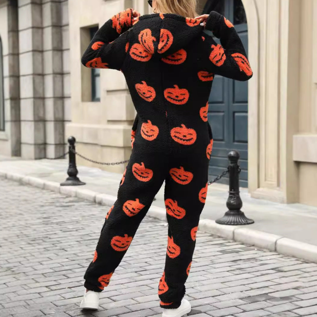 European And American Autumn And Winter New Halloween Pumpkin Print Loose Zip Plush Jumpsuit