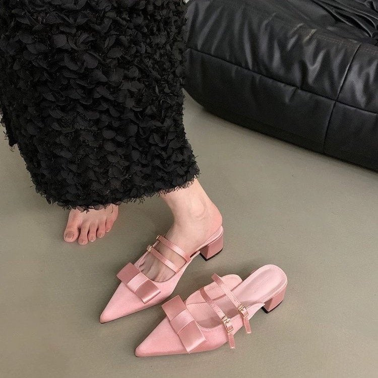 French Elegant Closed Toe Mule Slippers Outdoor Wear, 2026 Summer New Fairy Style Bow Block Heel Loafers Women Shoes