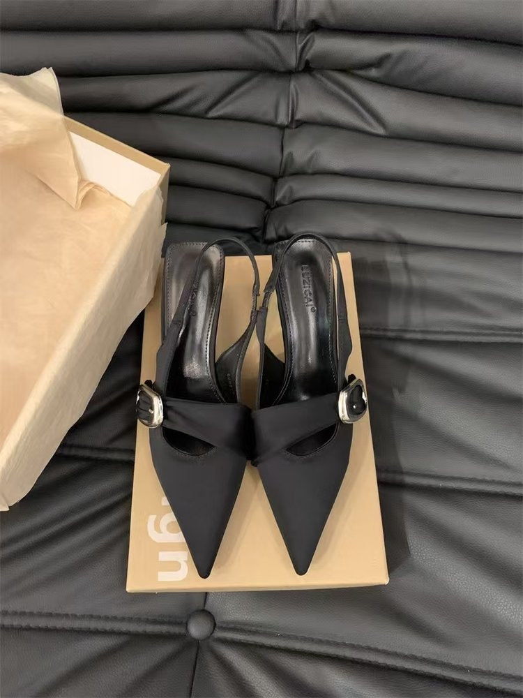 French Elegant Closed Toe Sandals, Summer Outdoor New Arrival, Minimalist Luxury Square Buckle Pointed Toe Slip On Shoes For Commute