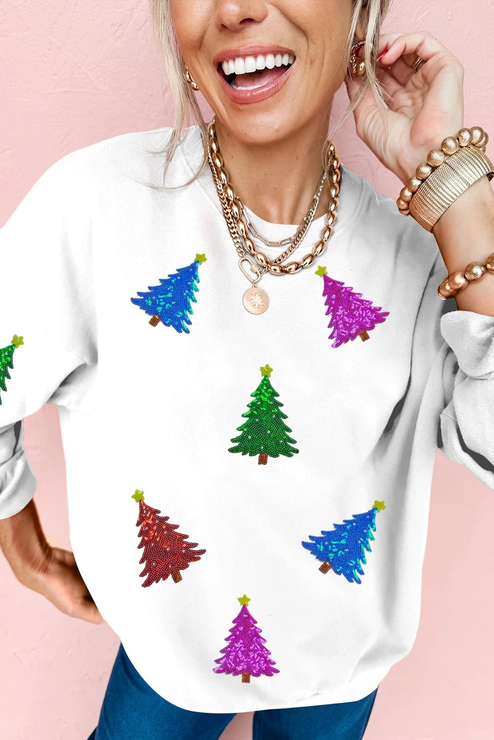 Shiny Christmas Tree Patch Sweater For Women