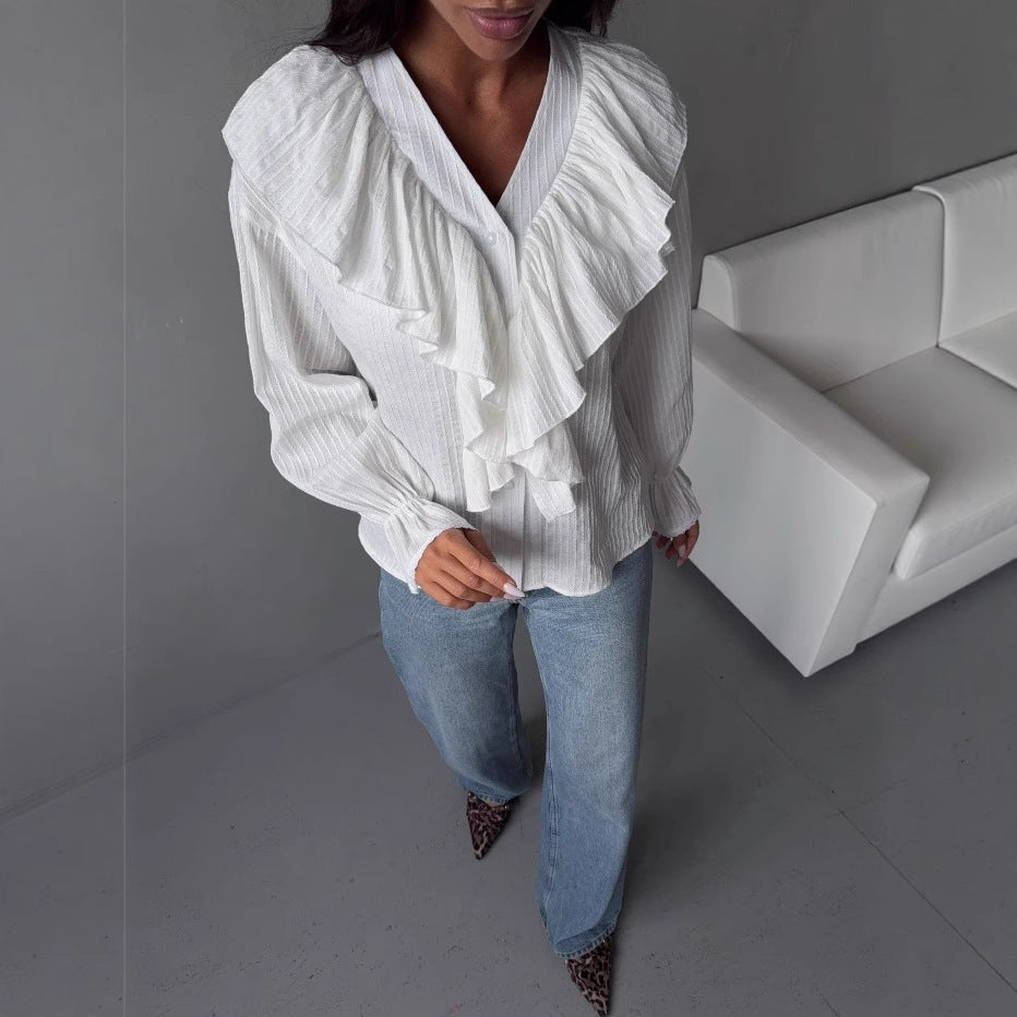 Polyester Women's V-neck Flounce Long Sleeve Shirt