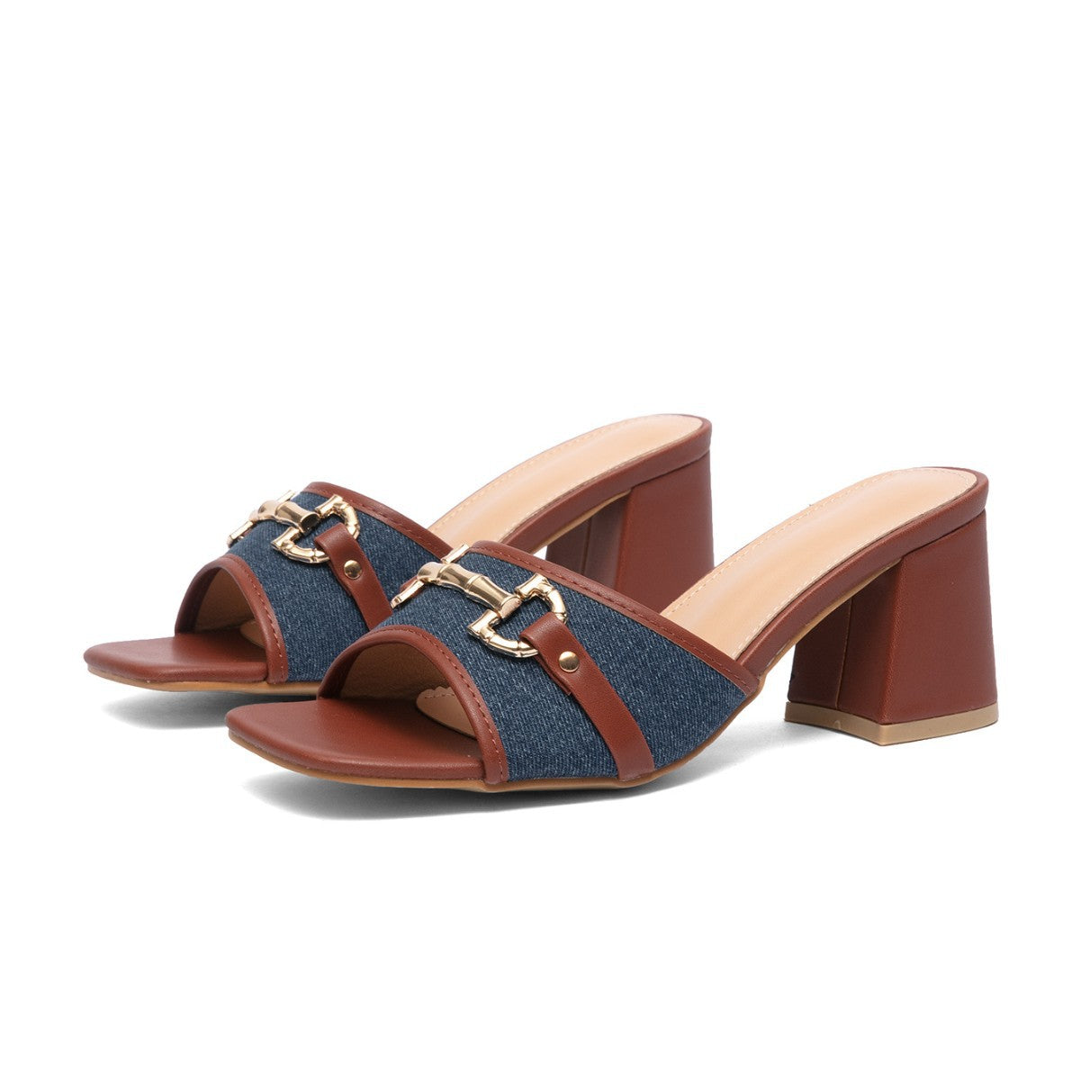 New Style Chunky-heeled Square-toe Slip-on Fashionable European And American-style Sandals