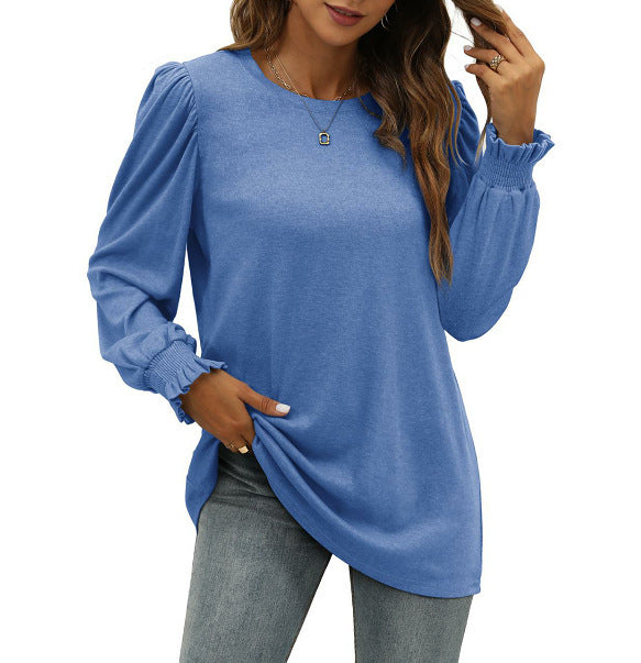 Round Neck Puff Sleeve Long Women's Clothing Top