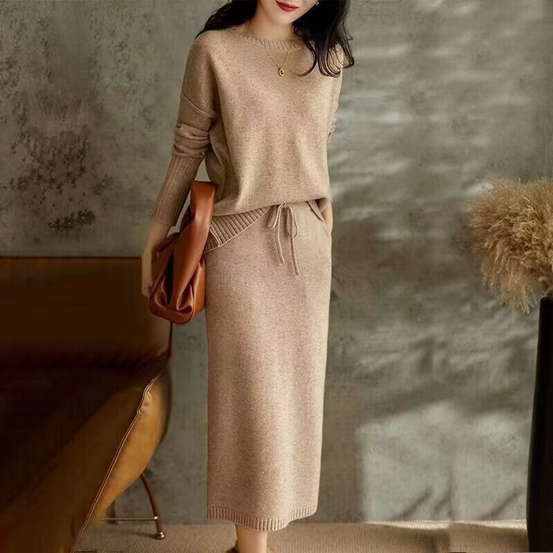 Knitted Loose Slimming Top With Skirt Two-piece Set For Women