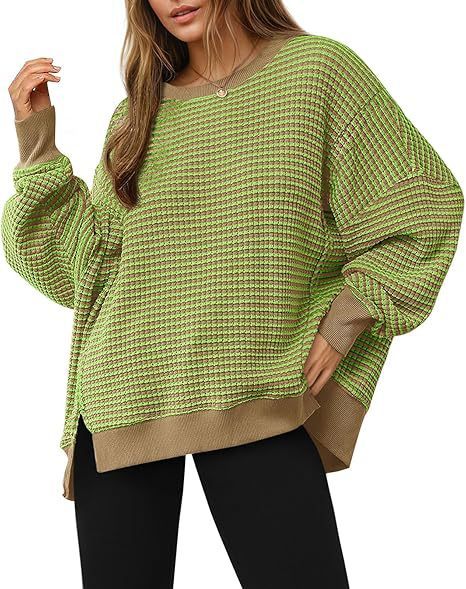 Waffle Knitted Long Sleeve Crew Neck Split Pullover Sweater