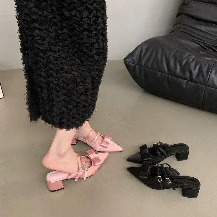 French Elegant Closed Toe Mule Slippers Outdoor Wear, 2026 Summer New Fairy Style Bow Block Heel Loafers Women Shoes