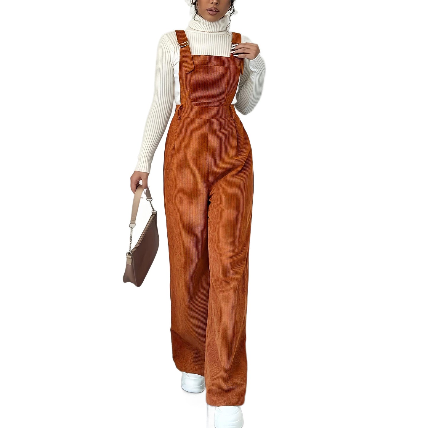 Corduroy Loose Straight Bib Pants Women