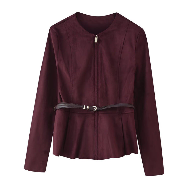 Women's Belt Suede Short Skirt Hem Jacket