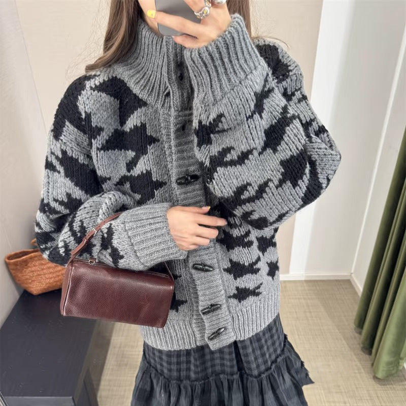 Stand-up Collar Jacquard Horn Button Sweater Coat