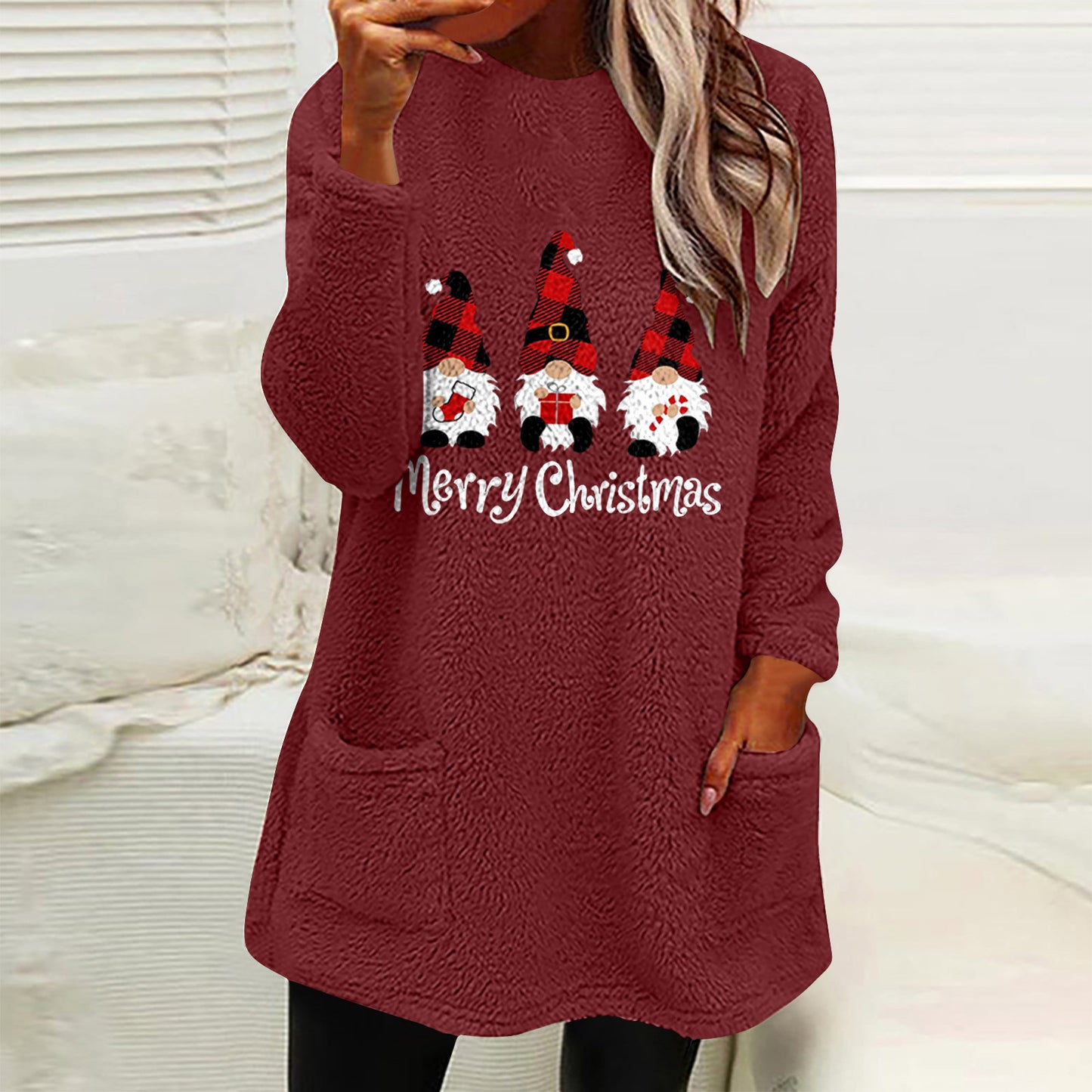 Christmas Letter Printing Round Neck Loose Long Sleeves Pocket Fleece Sweatshirt