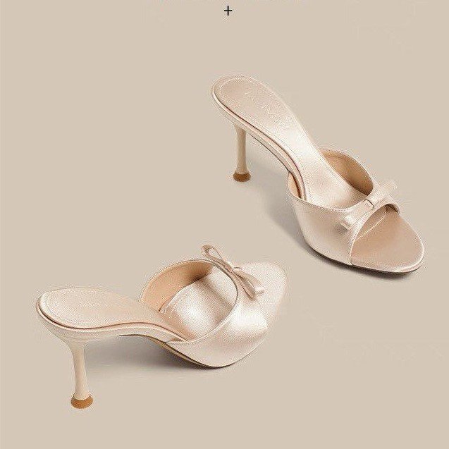 Female High-heeled Cool Mop Bow Large Size Silk Thin Heel Cool Mop New French Style Shoes
