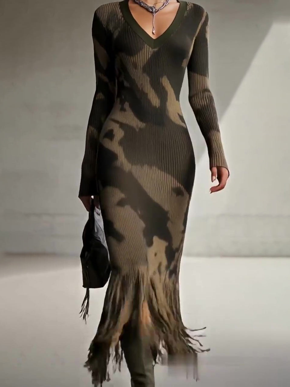 Camouflage Print Knit Midi Dress With Fringe Hem And V-Neck