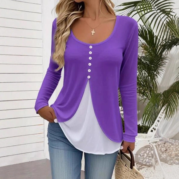 Casual Contrast Color Women's Two-piece Long-sleeved T-shirt