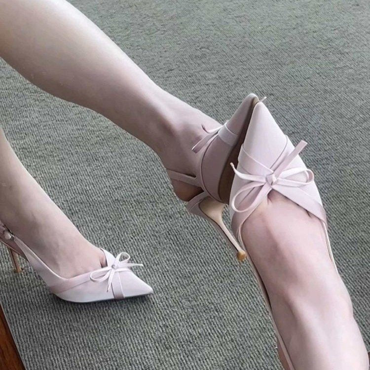 Spring Summer New Bow High Heels, Women Satin Pointed Toe Stiletto Heel Sandals