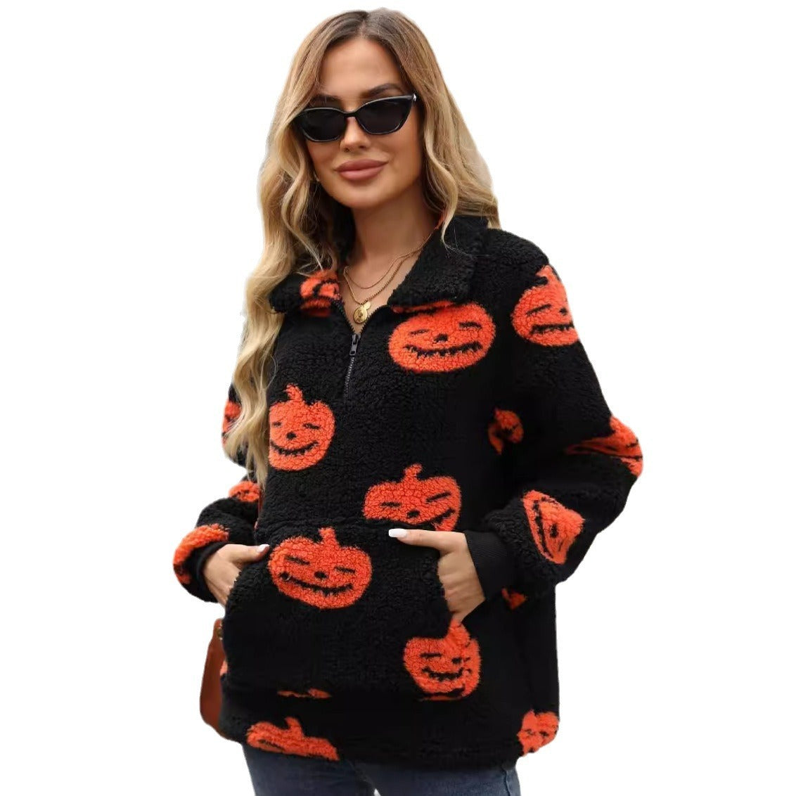 Autumn And Winter New European And American Halloween Pumpkin Print Half Zipper Plush Pullover Sweater