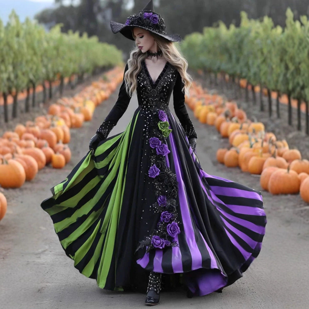 V-neck Long Sleeve Dress Large Swing Dress Halloween Dress