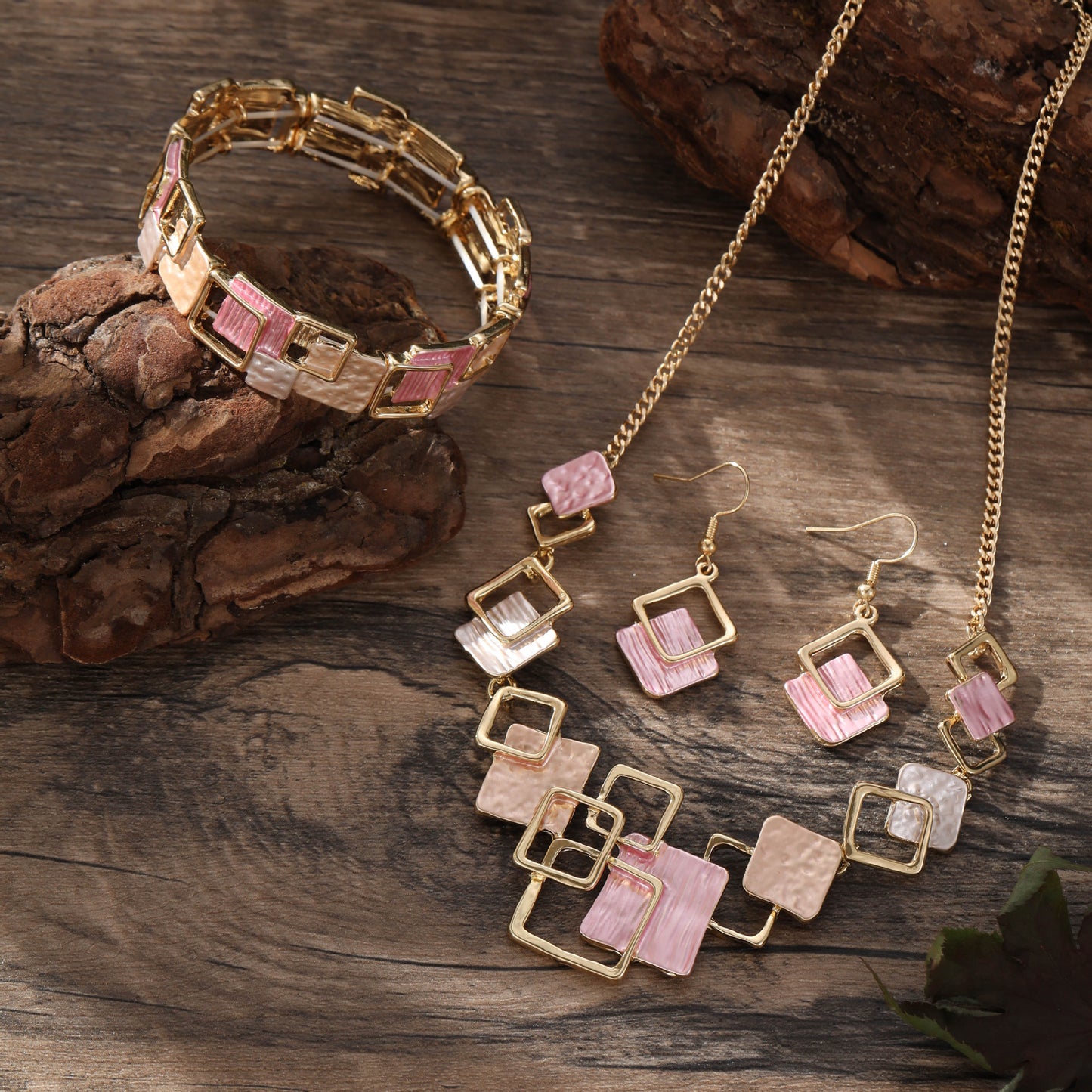 Colorful Geometric Square Jewelry Set – Earrings, Bracelet & Necklace