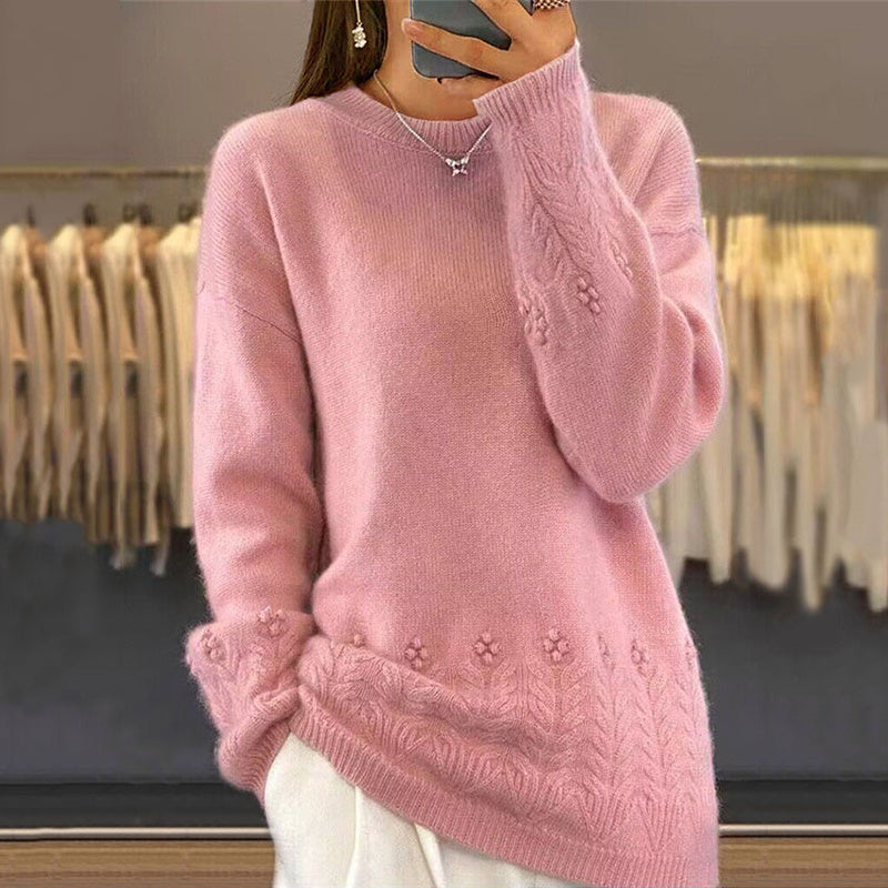 Women's Solid Color 3D Floral Embroidered Sweater, Loose Round Neck Long Sleeve Pullover For Autumn & Winter
