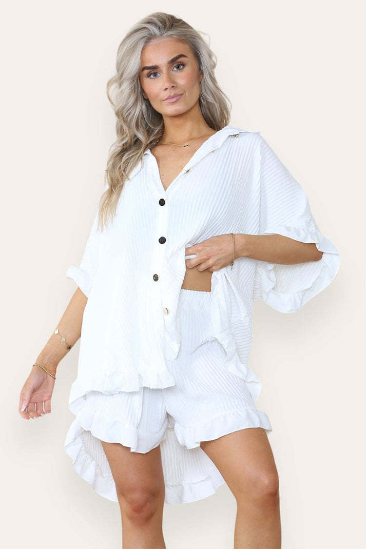 Women Casual Oversized Gold Button Pleated Frilled Ruffle Short Sleeves Shirt Top And Short Co Ord Set