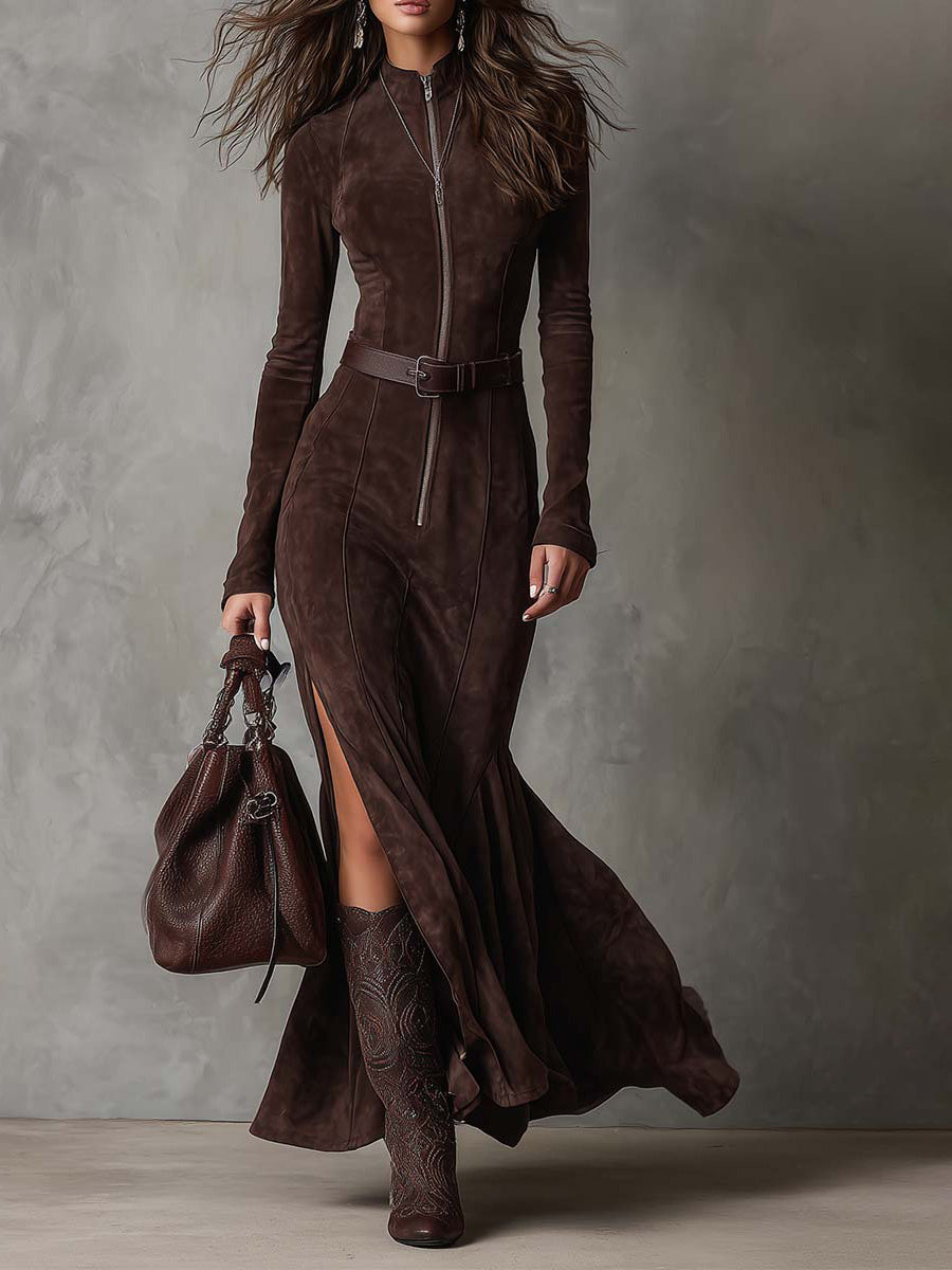 Brown Suede Maxi Dress With Front Zipper And High Slit