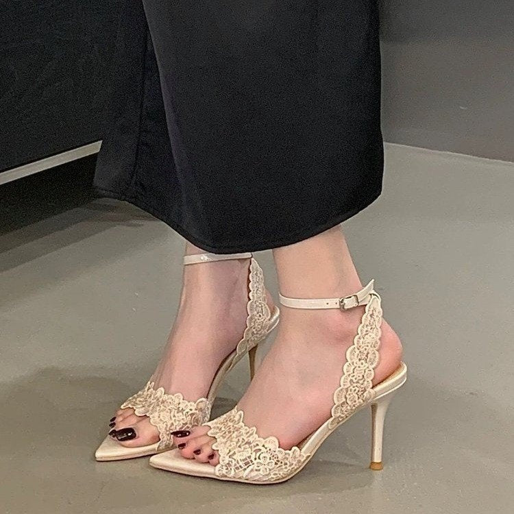 Summer New French Niche Design Women Sandals, Pointed Toe Lace Stiletto High Heel Open Toe Outdoor Shoes