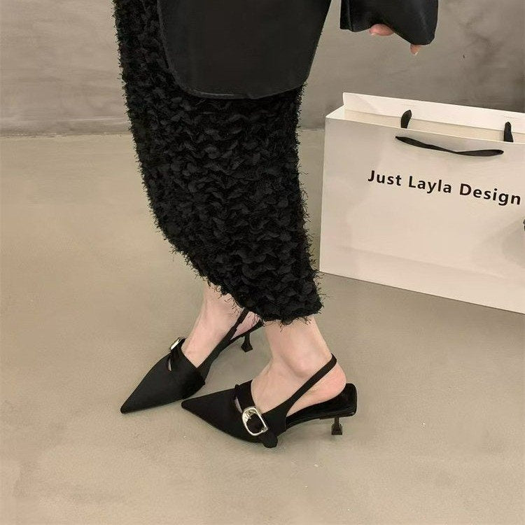 French Elegant Closed Toe Sandals, Summer Outdoor New Arrival, Minimalist Luxury Square Buckle Pointed Toe Slip On Shoes For Commute