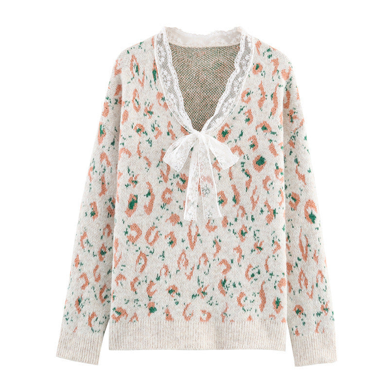 Women's Loose Ruffled Leopard Print Pullover Sweater